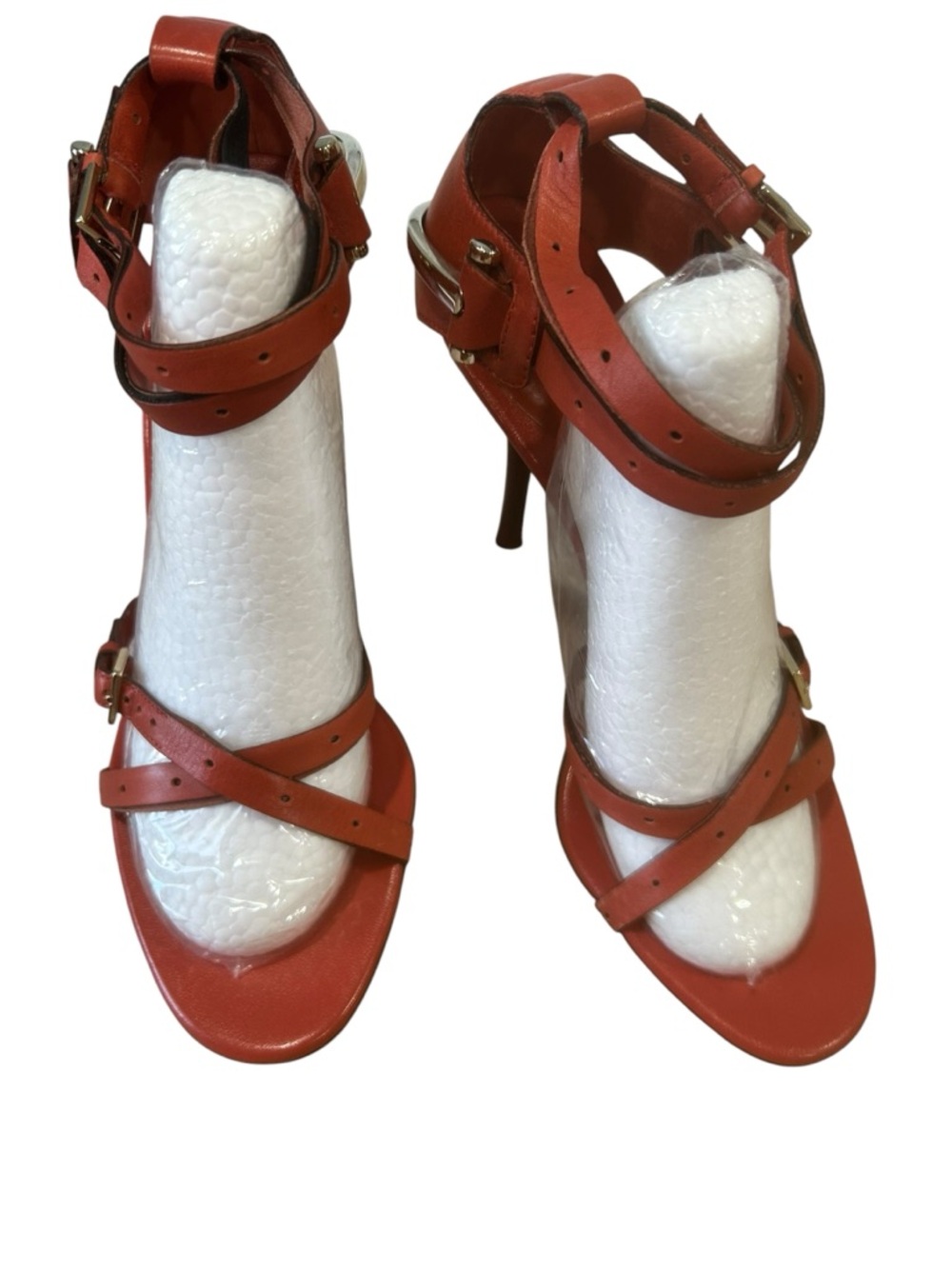 Gucci Women Sandals Strappy Heels Orange Red Leather Italy size 8B READ FLAWED - Picture 14 of 16